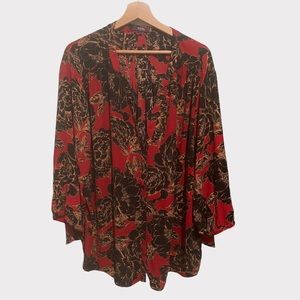 NYDJ Red Black Orange Peony Floral Print Pleat Back Blouse Top NWOT 3X